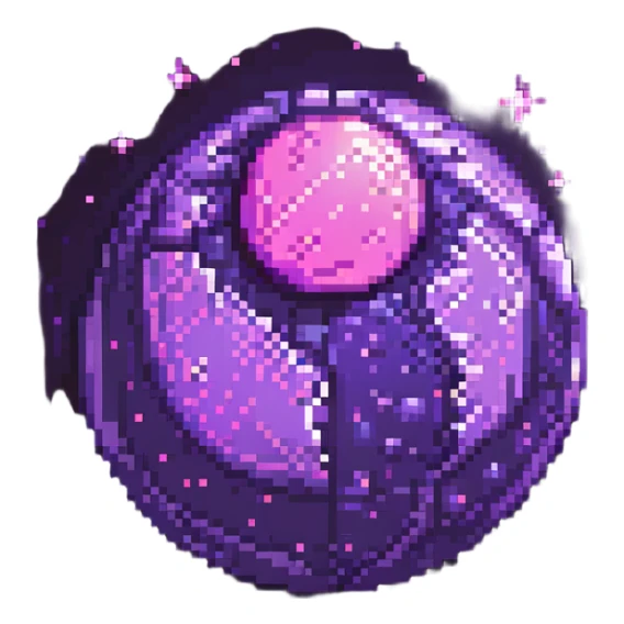 a purple planet glowing pink with tiny stars around it, pixel art style sticker