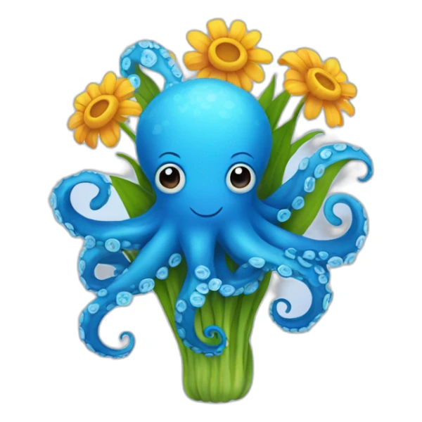 blue octopus, hold a bouquet of flowers sticker