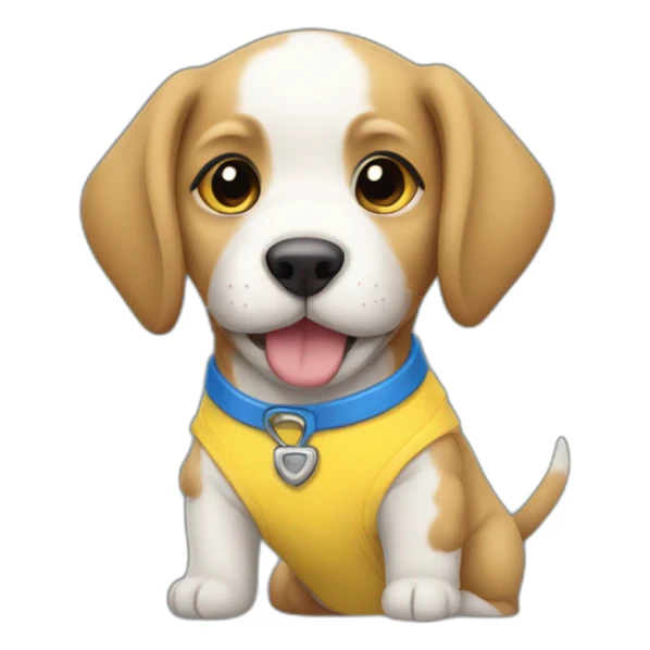 Puppy with a blue and yellow shirt sticker