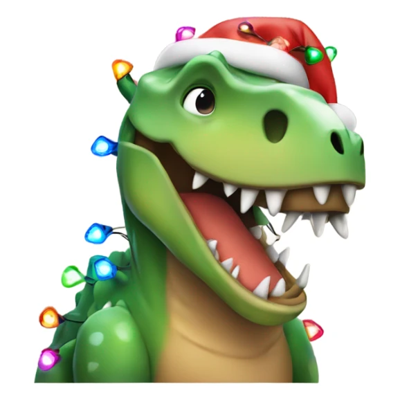 Dinosaur wrapped in Christmas lights with a Christmas hat sticker