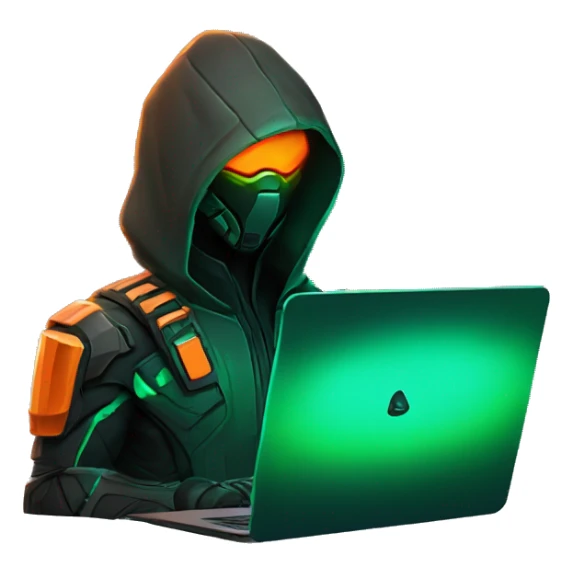 Side view developer behind his laptop with this style : crysis Cyberpunk Valorant orange glowing bright orange character green black hooded assassin themed character sticker