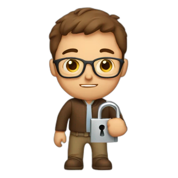 brown-short-haired man with glasses, struggling to fit a key into a lock door sticker