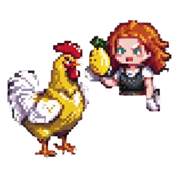 angry redhead with a banana throwing chicken, pixel art style sticker