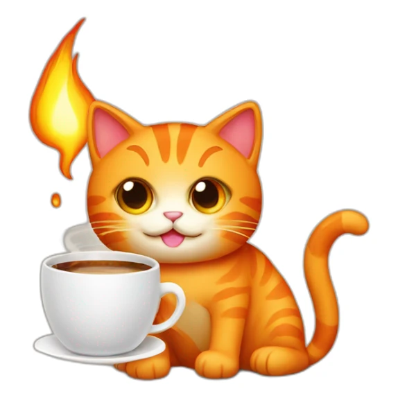orange cat with fire and a cup of coffe sticker