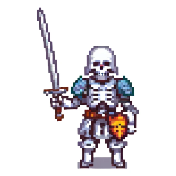 skeleton in armor wielding a sword, pixel art style sticker
