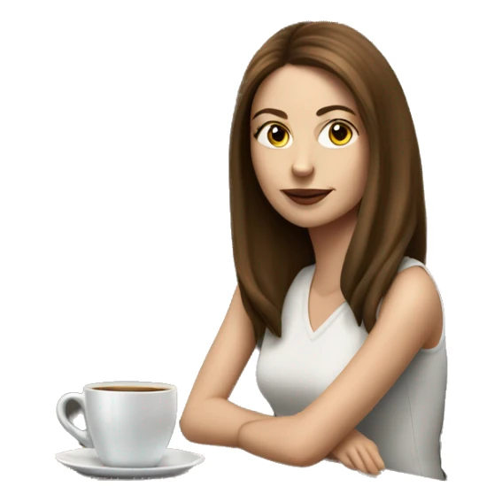 Side view realistic posh brown straight haired pale woman sits at the coffee table sticker