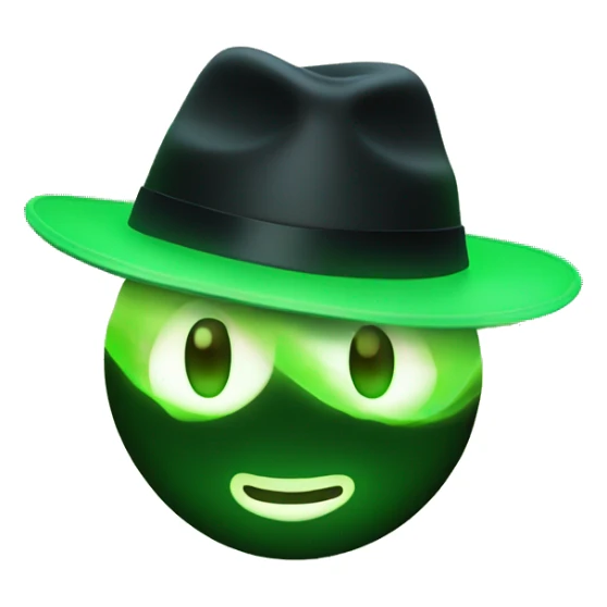 😳 with a green glowing face, wearing a black fedora hat sticker
