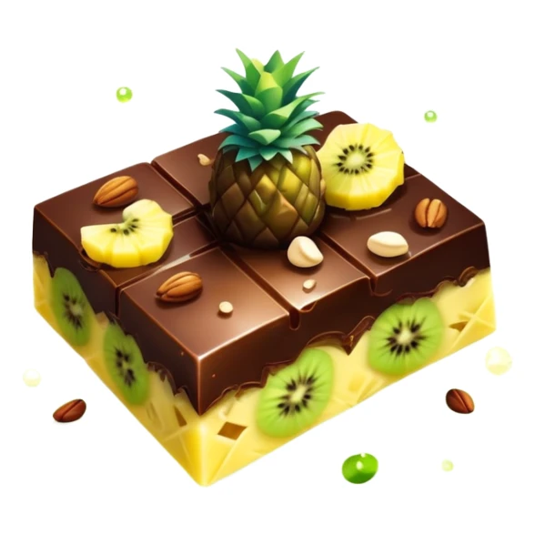 Ethereal evening snack with magical dark chocolate squares, enchanted mixed nuts, celestial kiwi slice and glowing pineapple chunks, all floating with sparkly aura sticker
