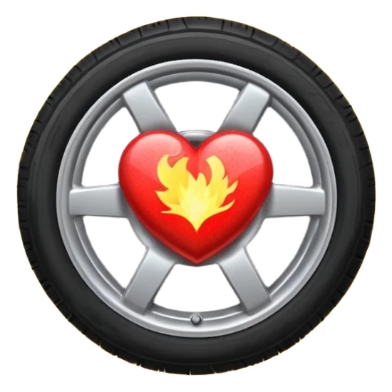 a car wheel on fire, sparks flying from underneath, and a red heart in the center of the wheel sticker