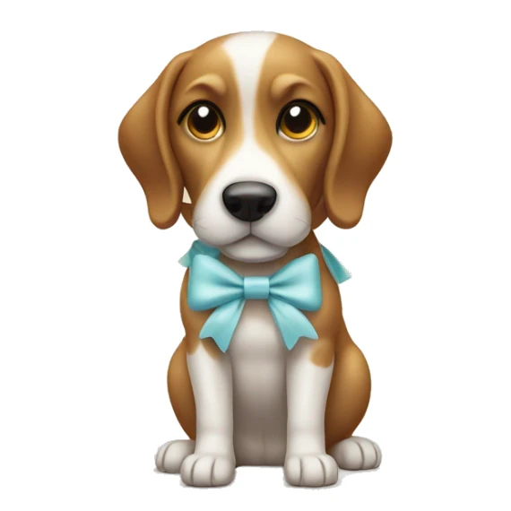 Dog with cute white bow while eating a treat sticker