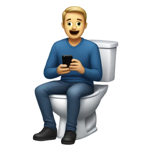Man sitting on toilet with phone sticker