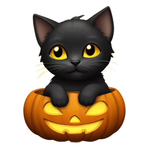 black cute kitten with yellow eyes sitting inside of a jack o lantern sticker