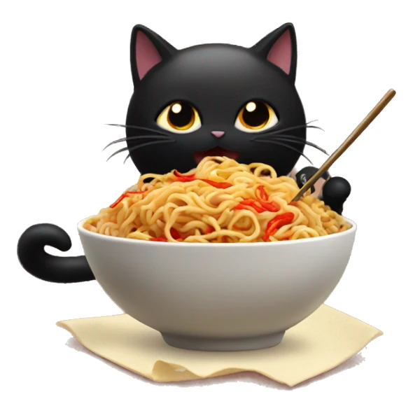 Fluffy black cat eating spicy buldak noodles  sticker