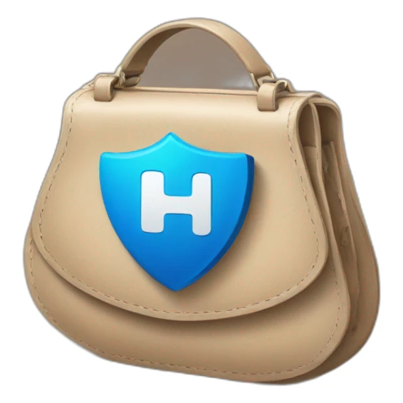 Purse is holding a blue shield with a check mark on it sticker
