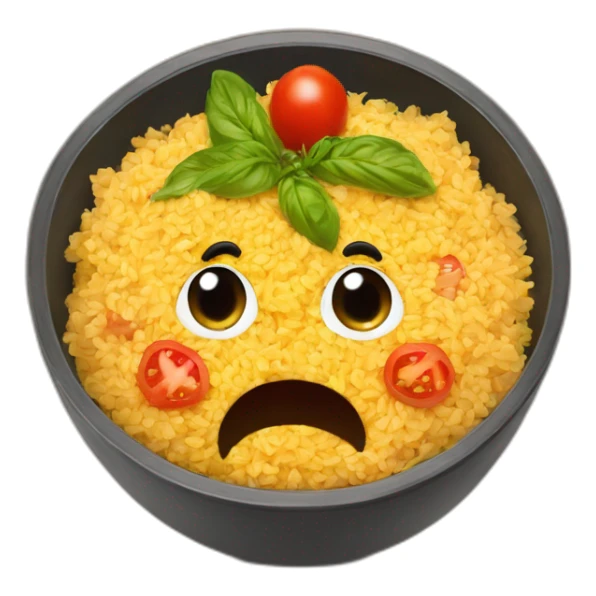 A taboulehh in a bowl with a tomato on top sticker