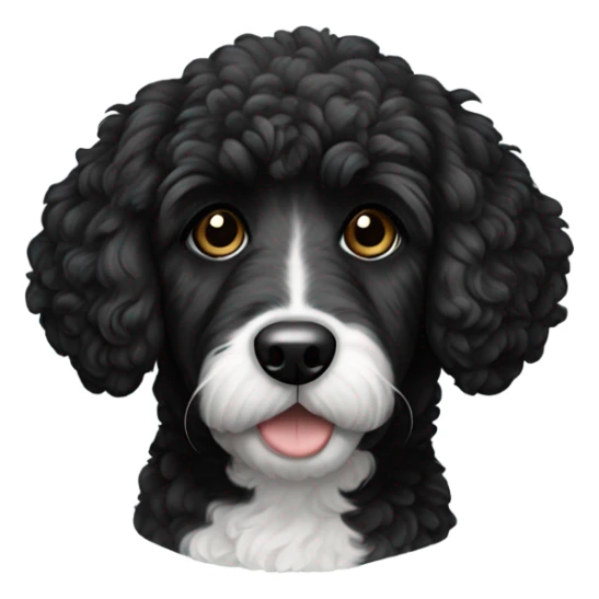 A bernadoodle breed dog, hair all black. All black except for white on its neck. an all black face sticker