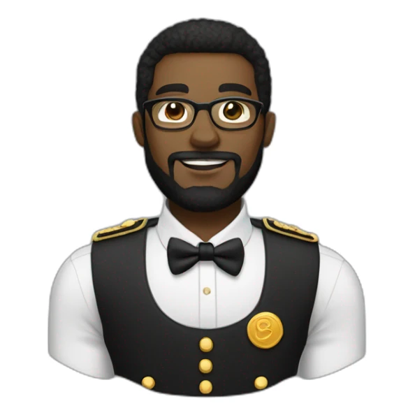 black soldier with beard, part in black hair, white collared shirt, bow tie, gold frame glasses, bulletproof vest  sticker