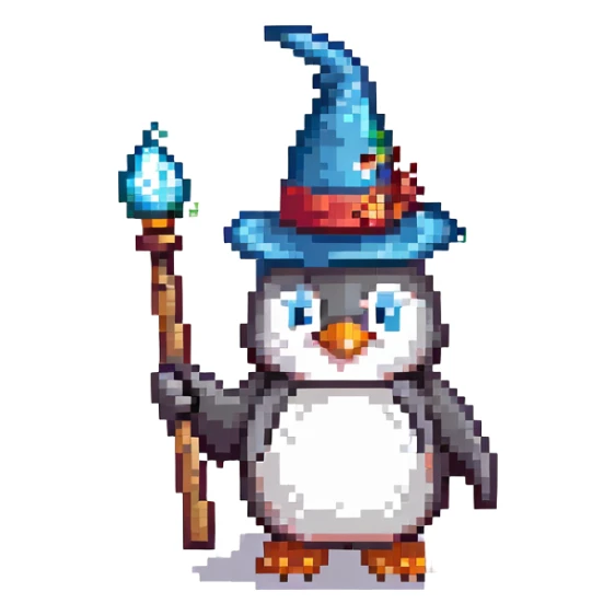 A penguin dressed as a wizard, wearing a pointed hat and holding a magic wand sticker