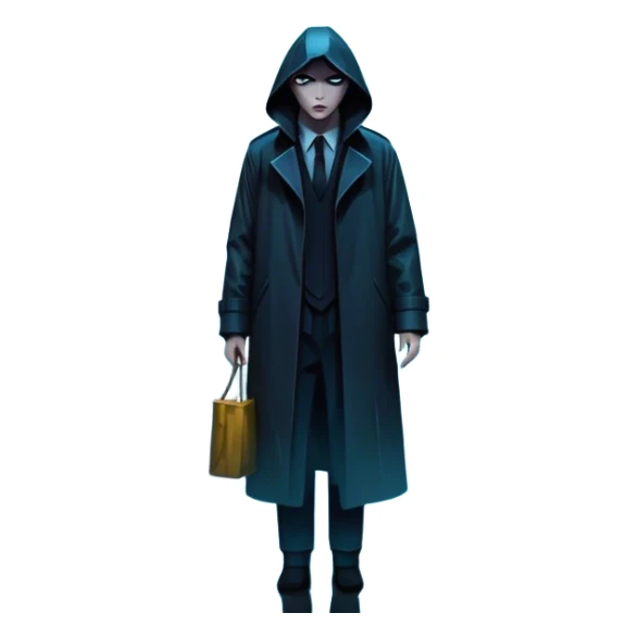 Movie Poster: A tense, gripping design with dramatic lighting. Include a mysterious figure in a dark coat standing in a rain-soaked alley, with glowing neon signs in the background. Shadows loom, and ominous shapes emerge from the mist. Suspenseful and cinematic atmosphere. Transparent background. sticker