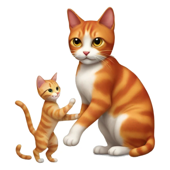 A small tricolour cat playing with a big red cat sticker