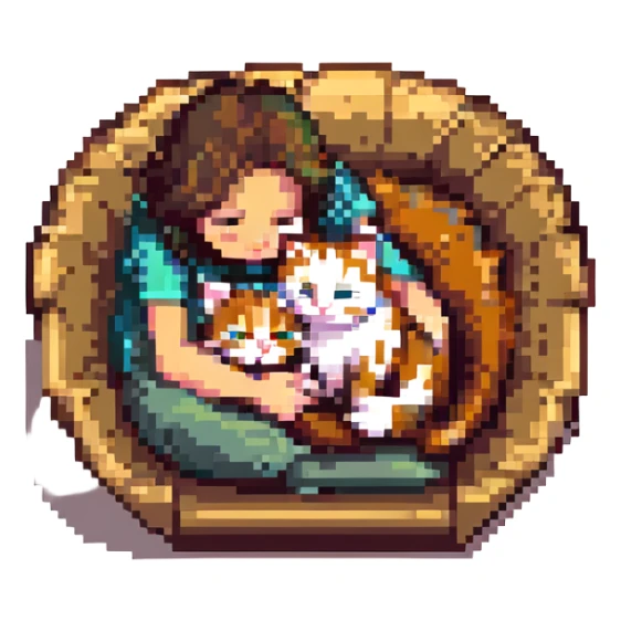 Replace the girl with the one in the reference image, keeping the pose: cat curled up in girl's lap, pixel art style, with no background. sticker