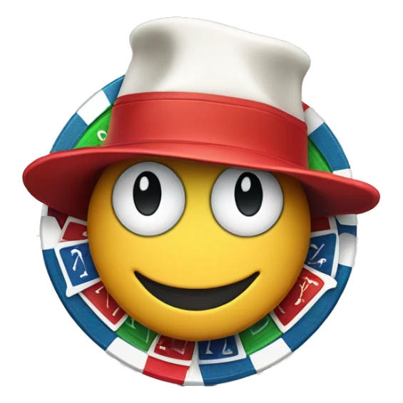 A poker chip wearing a hat made of playing cards sticker
