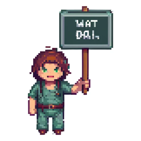 astounded man holding a sign that says 'wat da', pixel art style sticker