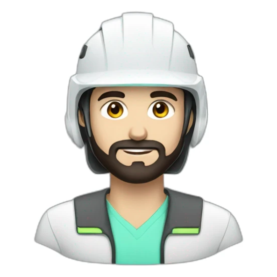 A young Turkish electrical engineer with a light black beard, a white helmet and a phosphorescent protection jacket sticker