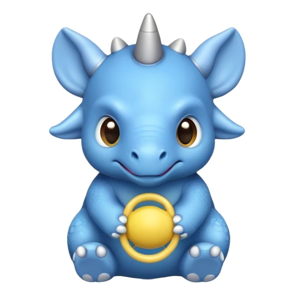 A small blue baby triceratops toy with stubby horns and a pacifier sticker
