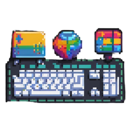 Colorful IT tech badge pixel art with simple keyboard symbol, vibrant colors sticker