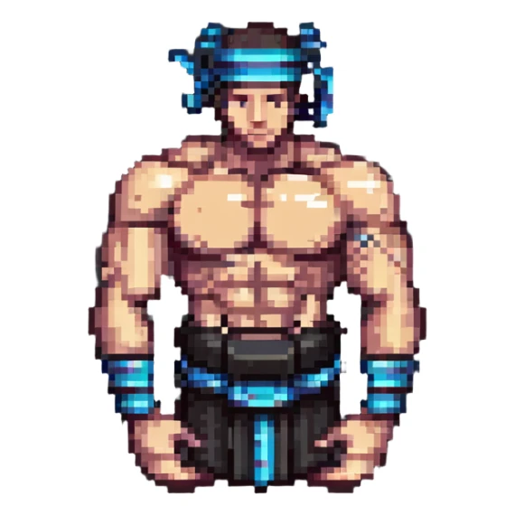 a regular muscular arm with tefillin wrapped around it, pixel art style sticker