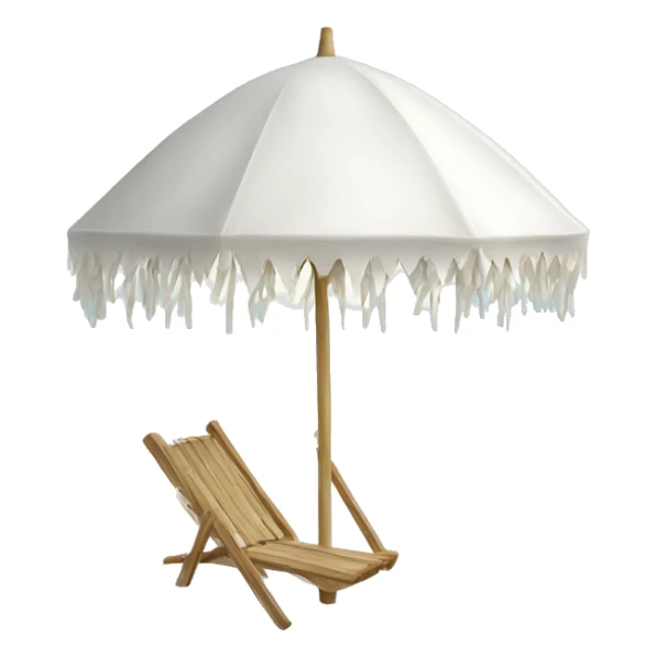 White beach umbrella with short white tassels and a straight wooden pole sticker