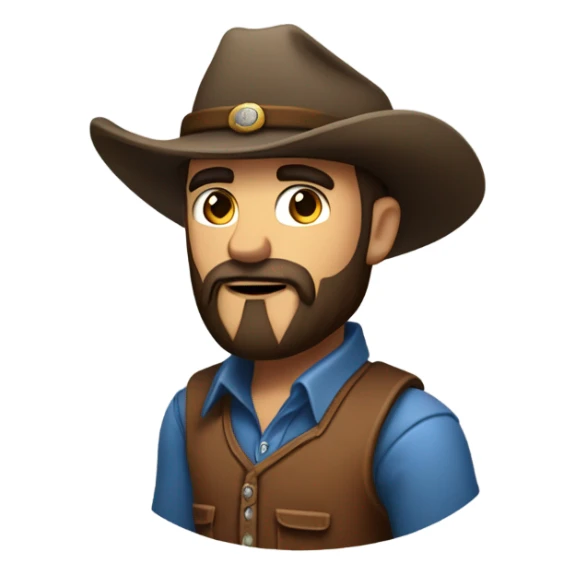 a rugged cowboy with a thick beard, wearing a blue vest over a classic western shirt. He should have a confident stance, showing full torso sticker