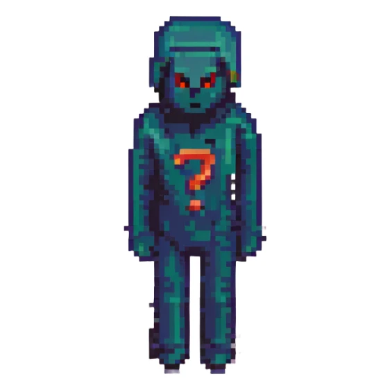pixel art of shadowy figure with question mark over face, retro 8-bit style, evoking 'Don't Trust Anyone' sticker