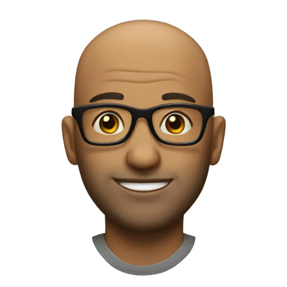 bald man with glasses with facial ahir sticker