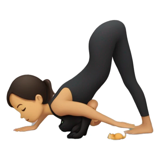 Girl doing her yoga pose - downward dog, with black cat laying next to her, girl wears dark brown sport suit sticker