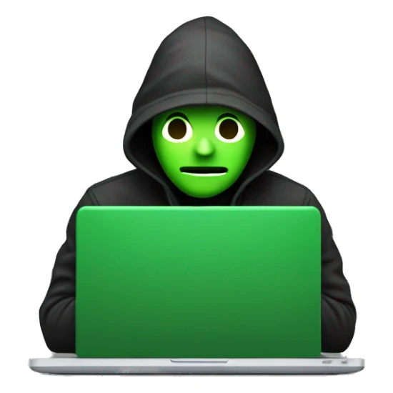 create a hacker programmer emoji , having a laptop and in laptop set of program is running in green color, and programmer background is black,  sticker
