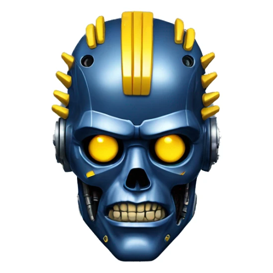 Terminator robot head with dark blue metallic skin and yellow Mohawk  sticker