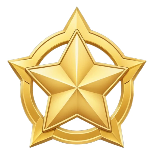JUST THE CIRCLE golden medal in star shape, central empty space, details in border, golden sticker