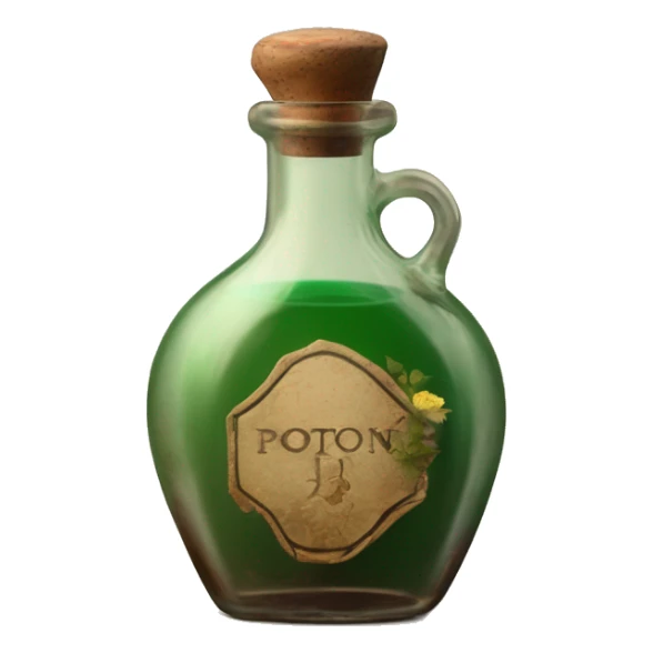 Mysterious Alchemical vintage glass potion bottle, exquisite bottle shape, old and shabby, with label, stylish and minimalistic, brown and shabby-green, oil potion is poured out of the bottle, herbal, flowers and oil is spilled next to it sticker