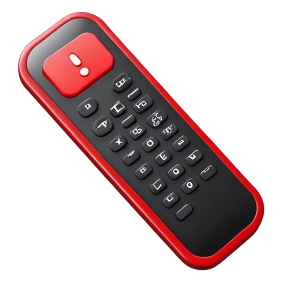 One big black tv remote control with red border, frontal face in  2 dimensions. The remote control have to have 4 buttons in black and one big one in red and the play sign. Use sticker model sticker
