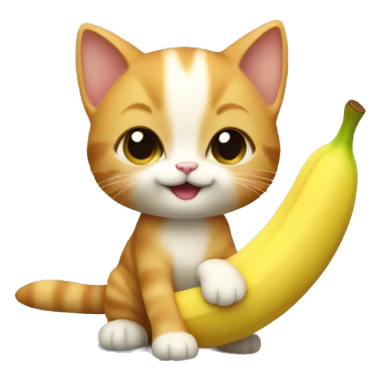 A small very cute kitten with ginger fur holding a huge banana. sticker
