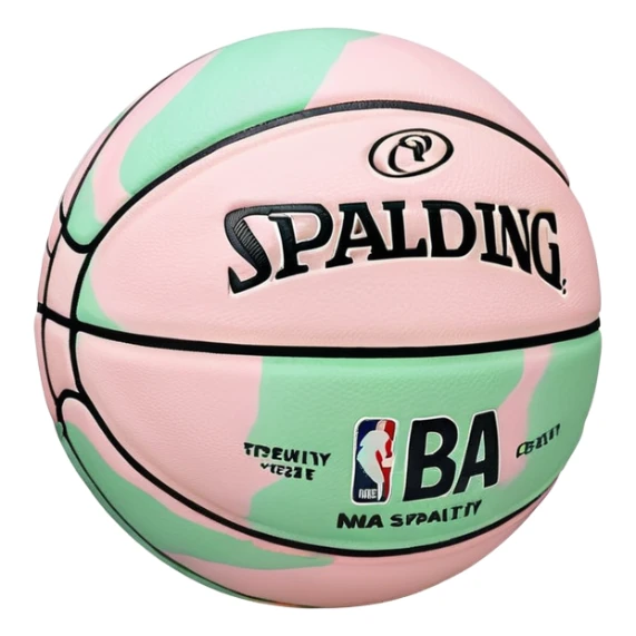 White Spalding basketball with NBA branding, predominantly white with light pastel pink and green marbling sticker