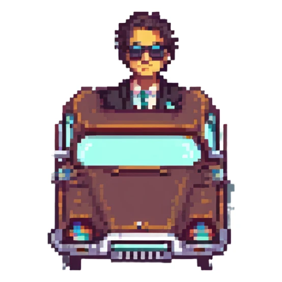 mafia guy wearing sunglasses, leaning against a vintage car, pixel art style sticker