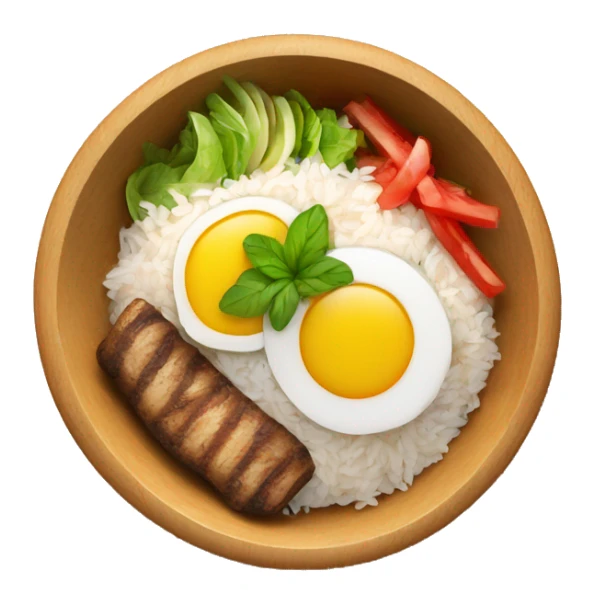 a wood bowl with rice in the middle, kebab, and salad sticker