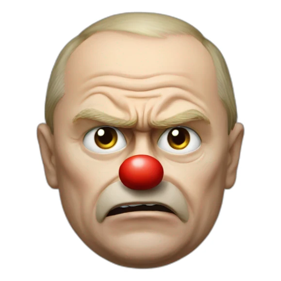 angry putin with a clown's nose sticker