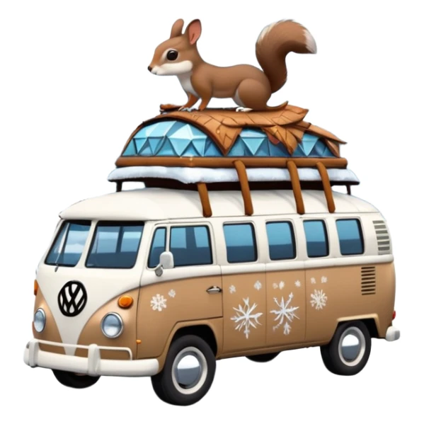 A parked VW bus painted white and black and fill with different 3d crystals and 3d crystals secured to roof surrounded by winter scenery with squirrels, birds, rabbits, wolves and driven by a brunette hippie with headband sticker