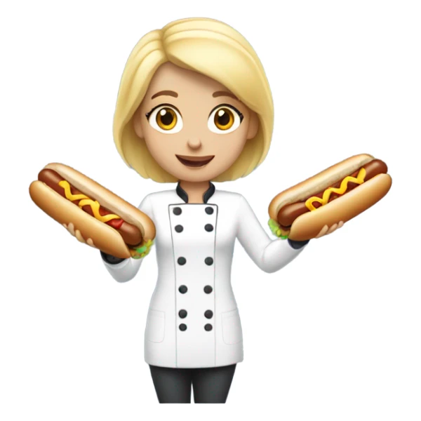 Female chef with blonde hair holding a hotdog sticker