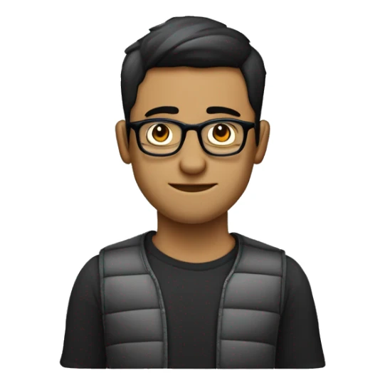 persona de complexión robusta, con cabello corto y oscuro. Lleva gafas grandes de montura oscura y una camiseta de tirantes con rayas verticales blancas y negras. Esta gesticulando y explicando sticker