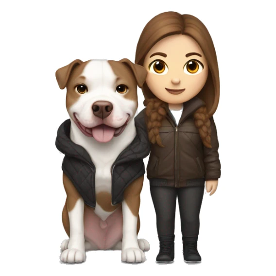 white woman with long brown hair in a furry jacket standing alongside a white pitbull with one brown patch around his eye sticker